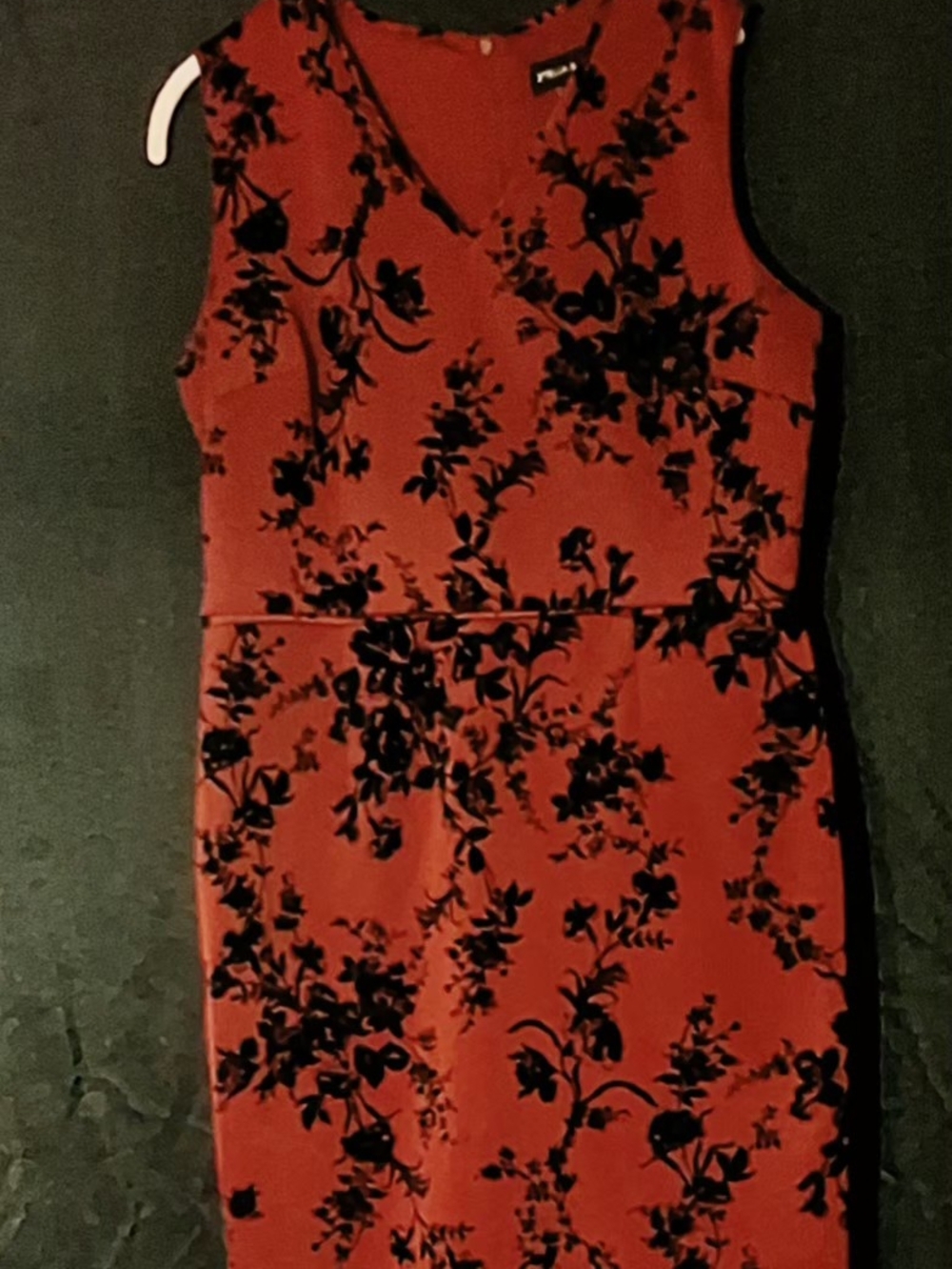 V-Neck Red Midi Dress with Black Floral Print